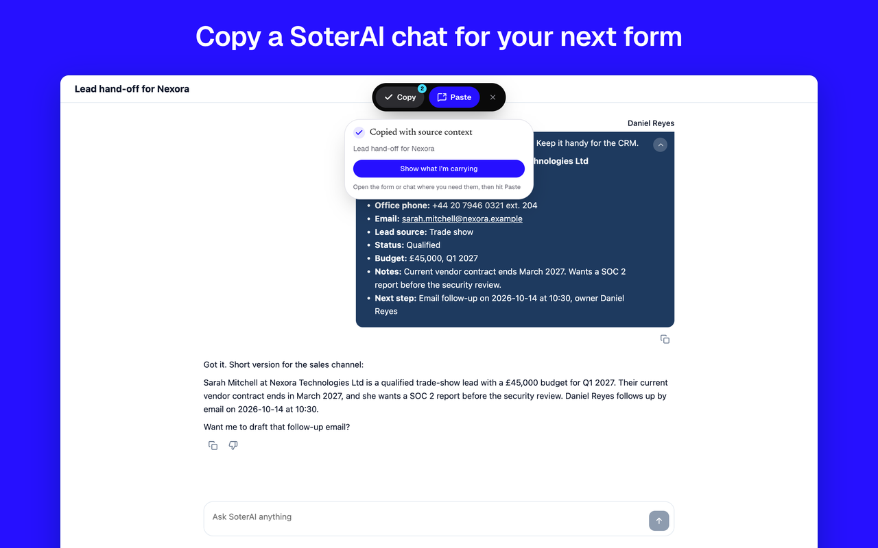The SoterAI card at the top of a SoterAI chat after Copy, showing Copied with source context, the chat title and a Show what I’m carrying button