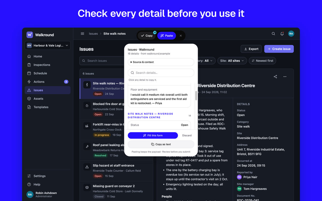 The Paste panel open over an issue page in a web app, showing 16 details from the site, a Source and context section, a search box, the details list and the Fill this form, Discard and Copy as text buttons