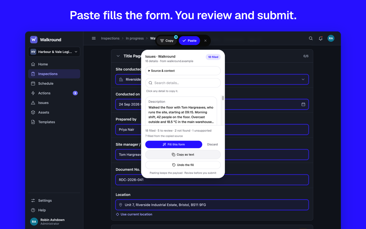 An inspection form after Paste, with filled fields ringed and the Paste panel showing an 18 filled badge, the summary 18 filled, 5 to review, 2 not found, 1 unsupported, and an Undo the fill button