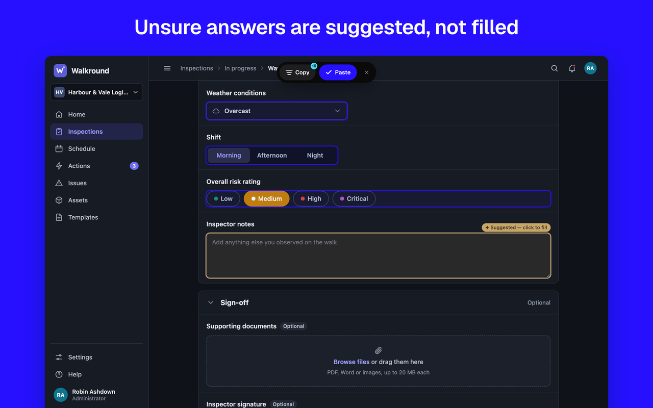 An inspection form after Paste with an empty notes box outlined in gold and tagged Suggested — click to fill