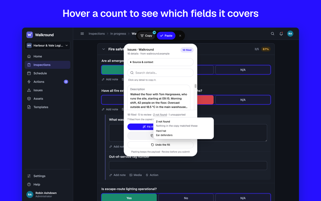 The Paste summary with the 2 not found count open, listing the two fields nothing in the copy matched